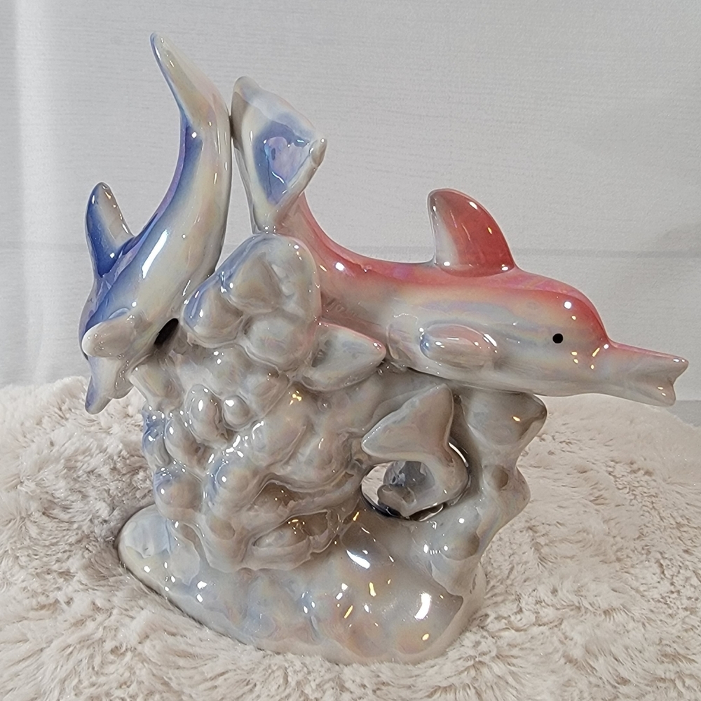 Dolphins and Coral Reefs L6"x5 1/2"Hx2" 1/2"W. Iridescent Ceramic Figurine - Picture 5 of 8